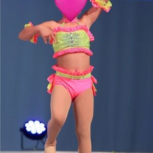 Glamour Dance Costume Pink and Green Vibrant Two-Piece Set